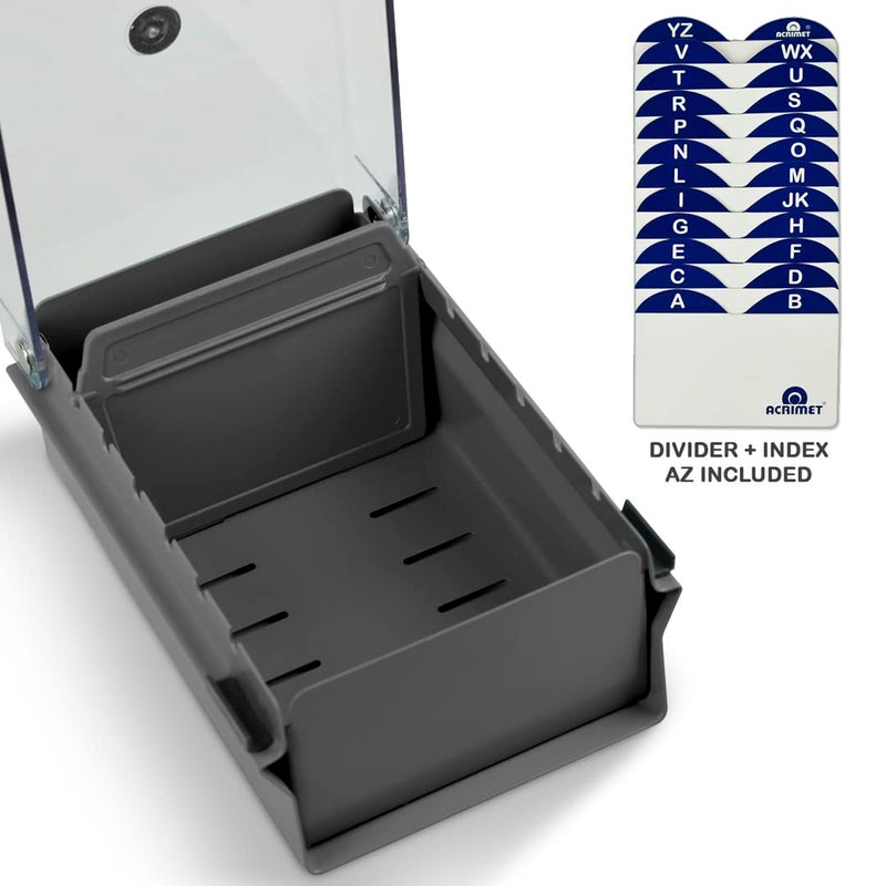Acrimet Index Business Card Size File Holder Organizer Box Metal Base Heavy Duty (AZ Index Cards and Divider Included) (Gray Color with Clear Crystal Plastic Lid Cover) - Image 3